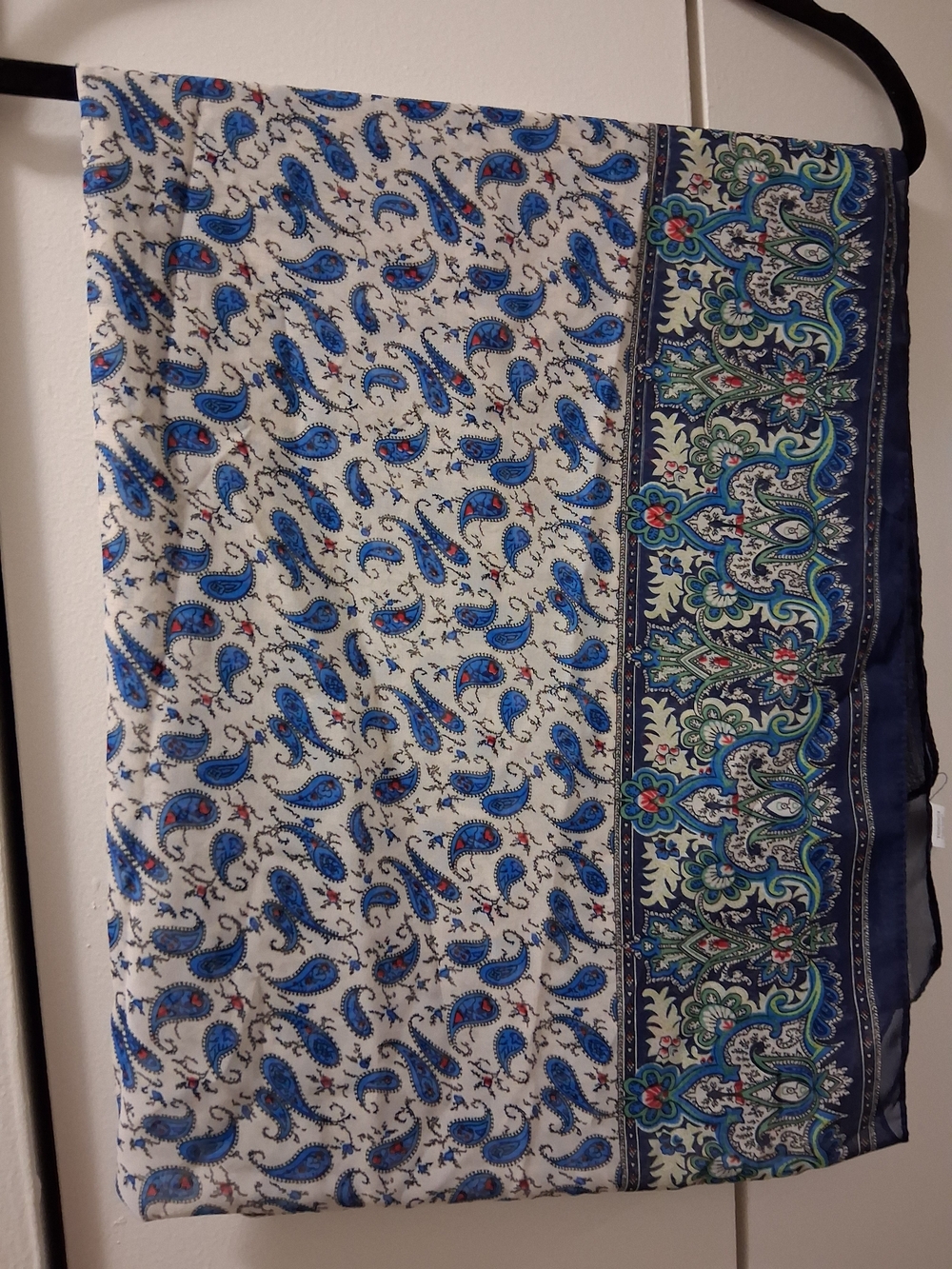 Blue Paisley Silk-Feel Scarf with Ornate Border